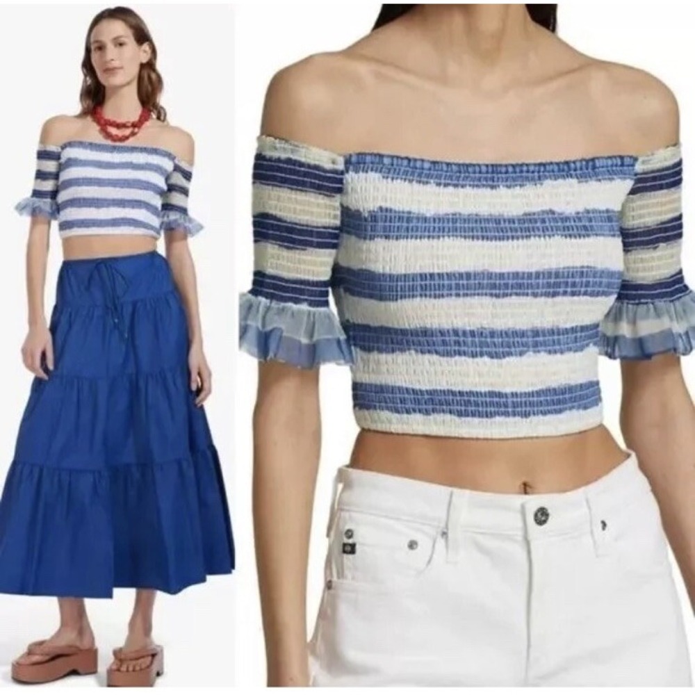 Staud Women's Medium Crop Top Smocked Stripe‎ Doric Off The Shoulder Beachy